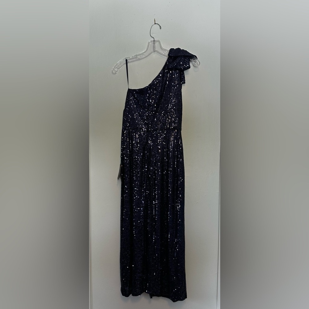 Ieena for Mac Duggal Bow One Shoulder Midnight Sequin Midi Dress Size 8 - Picture 6 of 7